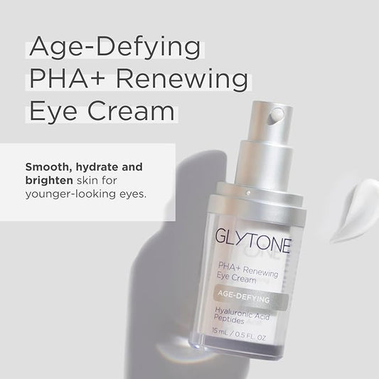 Glytone Age-Defying PHA+ Renewing Eye Cream for Wrinkles| Anti aging Under Eye Cream with Hyaluronic Acid Peptides| Targets Puffiness, Bags, Wrinkles & Dark Circles| Brightening Moisturizer| 0.5 Fl oz