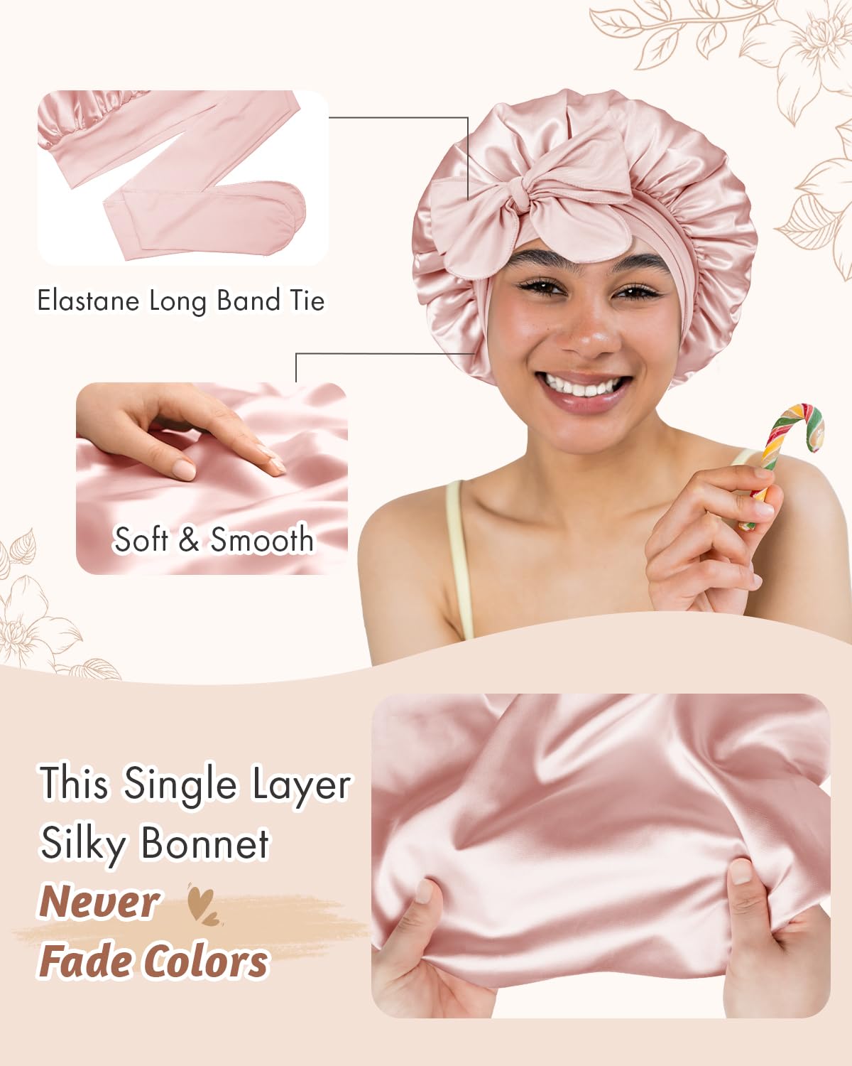 BONNET QUEEN Silk Bonnet for Sleeping Women Satin Bonnet Night Sleep Cap Wrap for Curly Hair with Adjustable Tie Band, Single Layer, Small, Cream Pink