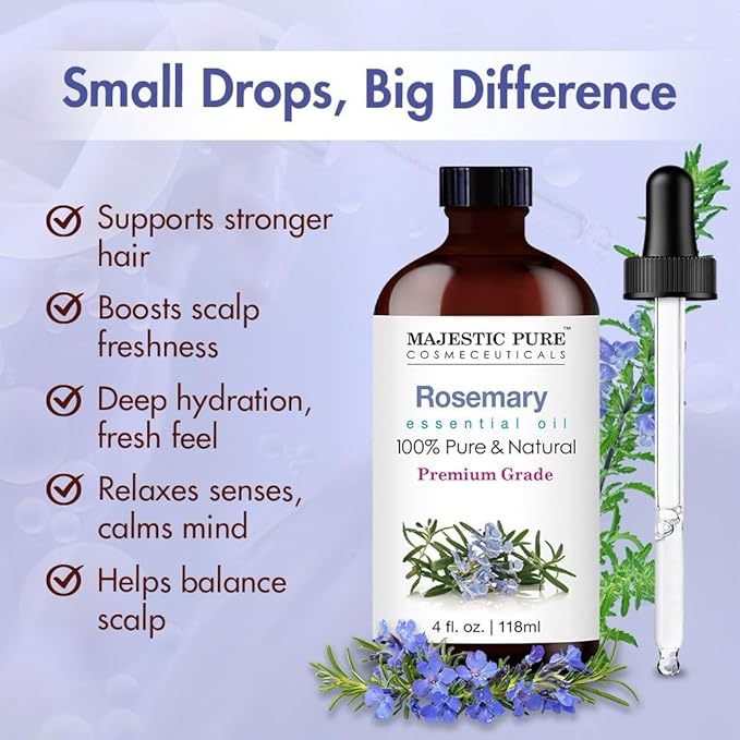 Majestic Pure Rosemary Essential Oil with Glass Dropper | 100% Pure and Natural Rosemary Oil | Premium Grade Essential Oils for Diffusers, Skin, Aromatherapy, Massage | 4 Fl Oz