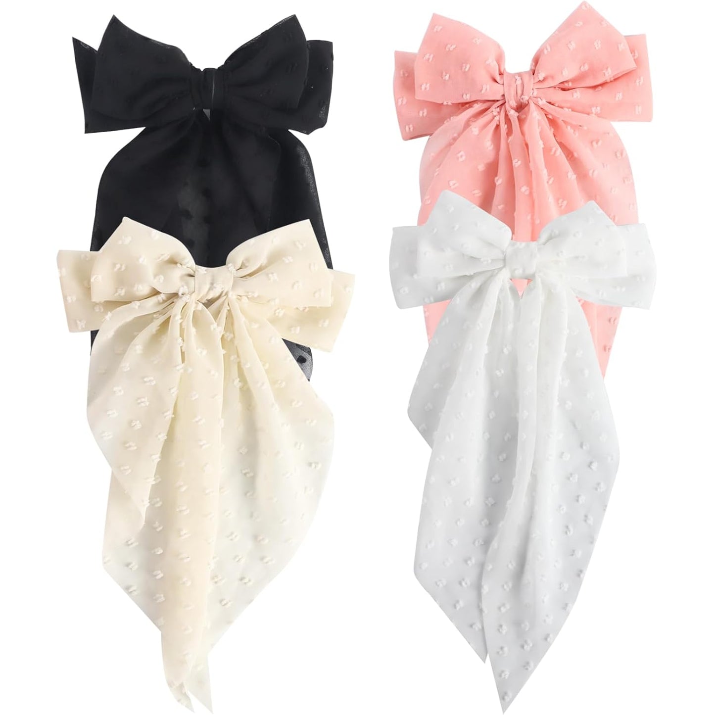 4PCS Chiffon Large Ribbon Hair Bows, Oversized Long-tail Hair Clips, Cute Hair Barrettes, for Women and Girls Hair Styling Accessories, Black, White, Beige, Light Pink