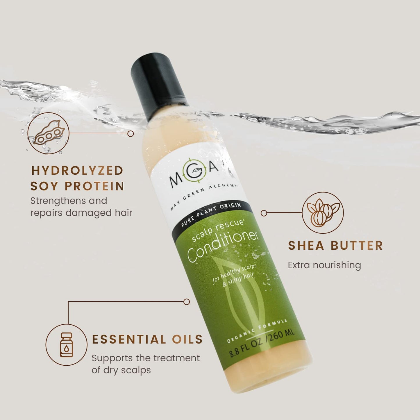 MGA Vegan Hair Conditioner - Organic Formula with Tea Tree for Healthy Hair | Shea Moisture Conditioner with Natural Herbal Scent | Parabens Silicone & Sulfate Free | Unisex | 8.8 Fluid Oz