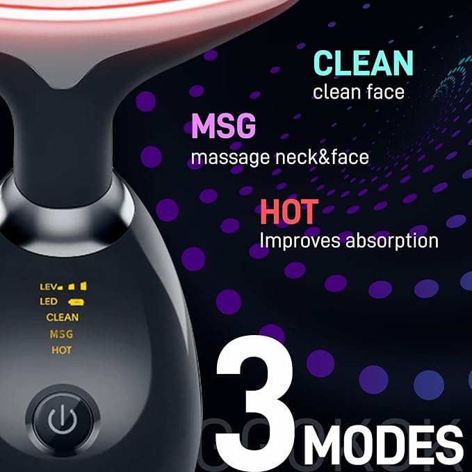 Face Massager with Led Light: 7-Color Facial Device - Neck Wrinkles Tightening Wand - Vibration Tool for Skin Care, Black