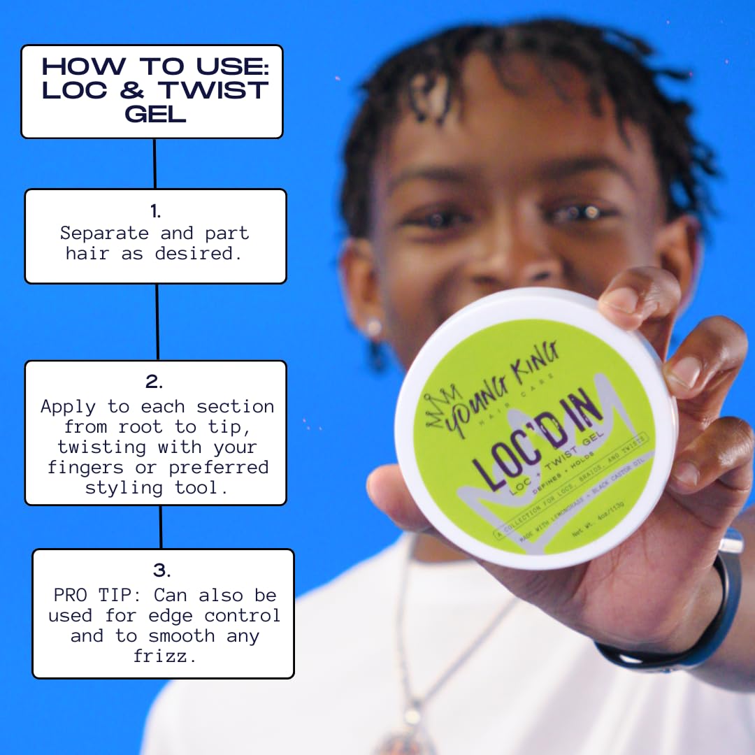 YOUNG KING HAIR CARE Loc & Twist Gel | Strong & Firm Hold, Smooths & Tames Frizz | No Flaking or Residue | Lemongrass and Apple Cider Vinegar | For Locs, Dreads, Braids, Twists | 4oz