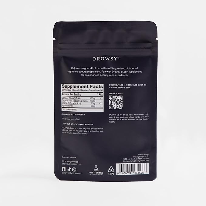 Drowsy Beauty – Nighttime Skin Hydration & Wellness Supplement with Marine Collagen, Hyaluronic Acid & Vitamin C – Supports Skin Vitality & Relaxation