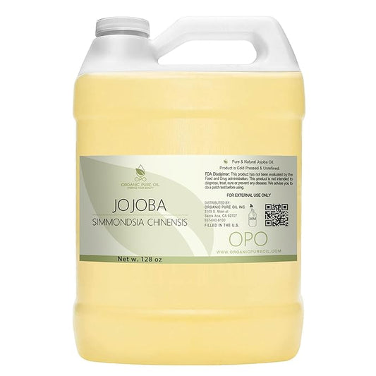 Golden Jojoba Oil - Pure Cold Pressed, Non-GMO, Bulk 128 oz - 1 Gallon Hohoba Carrier Oil for DIY, Formulations, Essential Oils, Cleansing, Moisturizer for Face, Hair, Body, by Organic Pure Oil