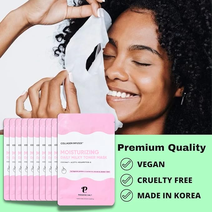 Moisturizing Face Masks (10-Pack) Korean Skincare Infused with Collagen, Coconut, Acetyl Hexapeptide-8, Niacinamide & Ceramide - Hydrating Solution for Dry Skin
