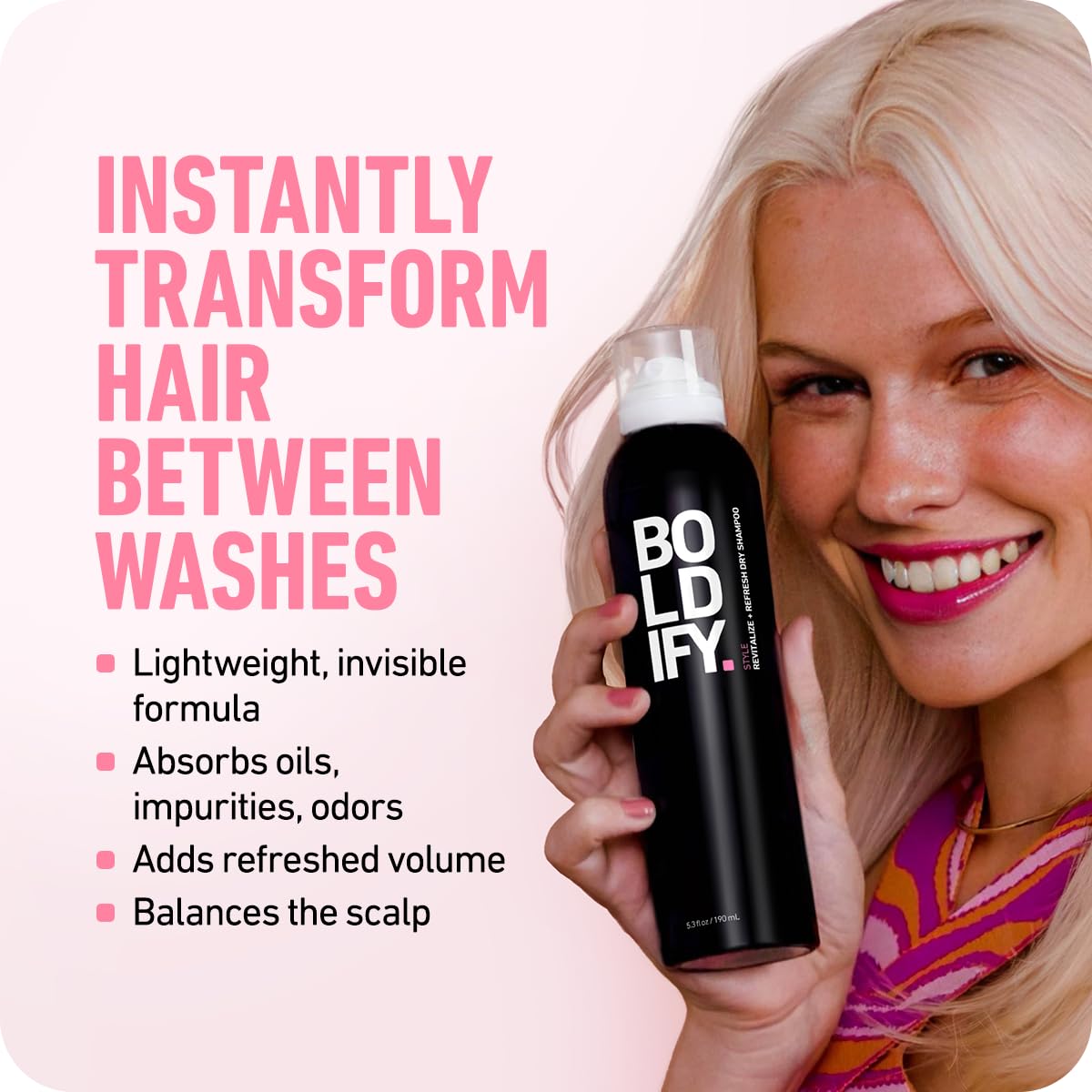 Boldify Dry Shampoo Spray - Revitalize and Refresh - Instantly Cleans, Volumizes and Balances Scalp, with Scalposine and Rice Starch - Invisible, Lightweight Formula for All Hair Types