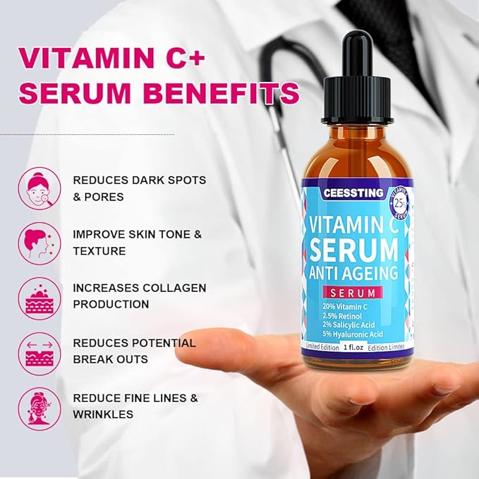 Ceessting Vitamin C Serum for Face - Anti-Aging Facial Serum with Hyaluronic Acid and Vitamin E - Improves Skin Texture, Glow and Elasticity - Reduces Wrinkles, Fine Lines and Dark Spots - 1 oz