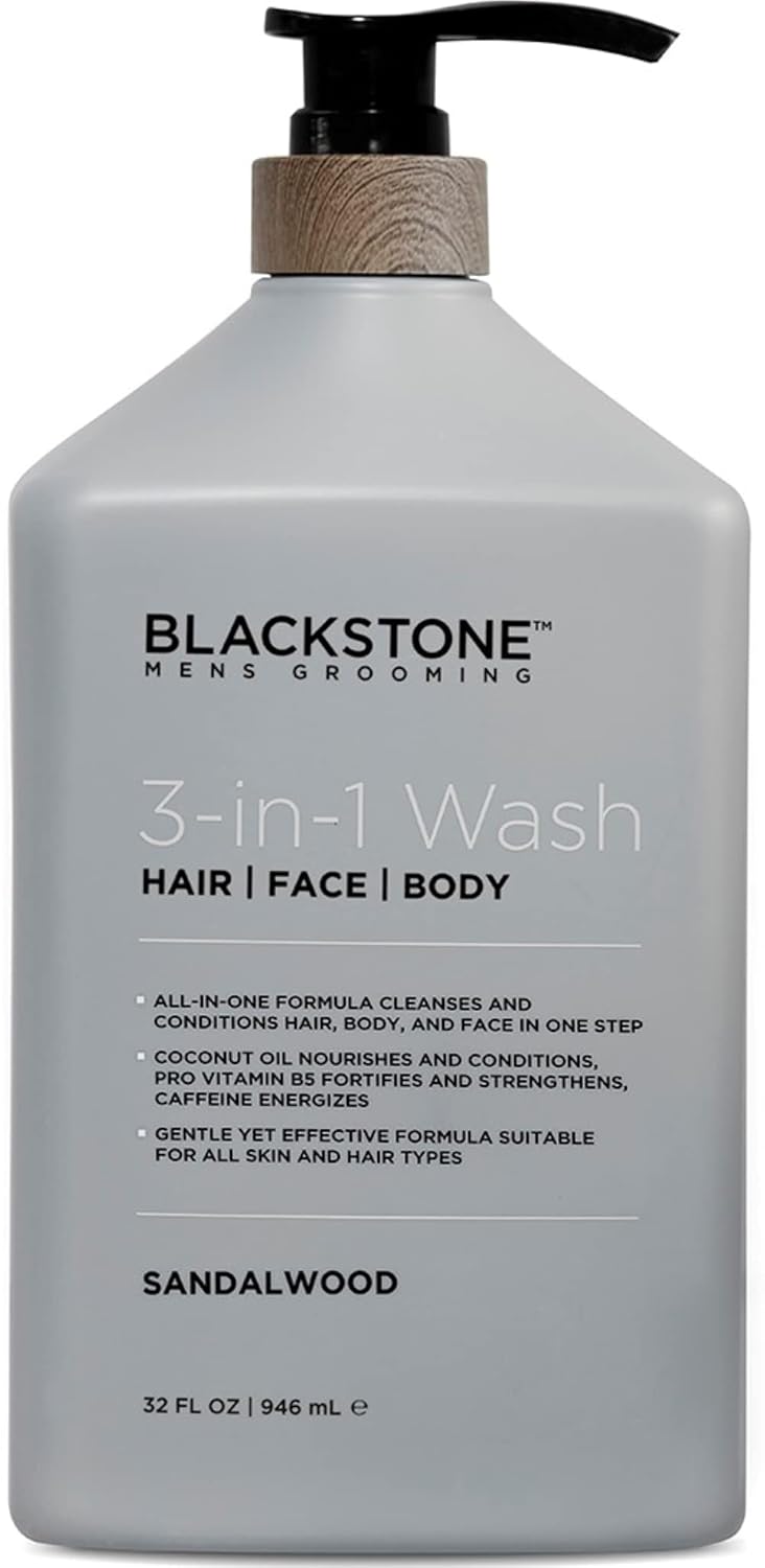 Blackstone 3-in-1 Wash for Men | Cleanse & Condition Hair, Body, & Face | All Skin & Hair Types | Coconut Oil & Vitamin B5 - Sandalwood (32 ounces)