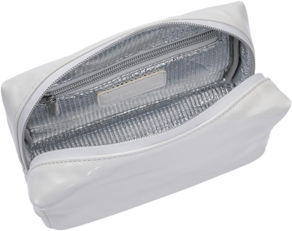 Stay Golden Insulated Waterproof Makeup Bag for Women Heat-Resistant Travel Cosmetic & Toiletry Bag | Luxurious Vegan Leather Portable Makeup Organizer - (Silver Zipper, White)