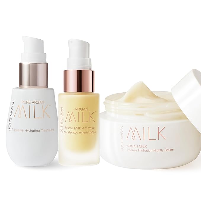 Josie Maran Argan Milk For All - 3-Piece Ritual Includes Intensive Hydrating Treatment, Accelerated Renewal Drops and Intense Hyration Night Cream (3 Count)