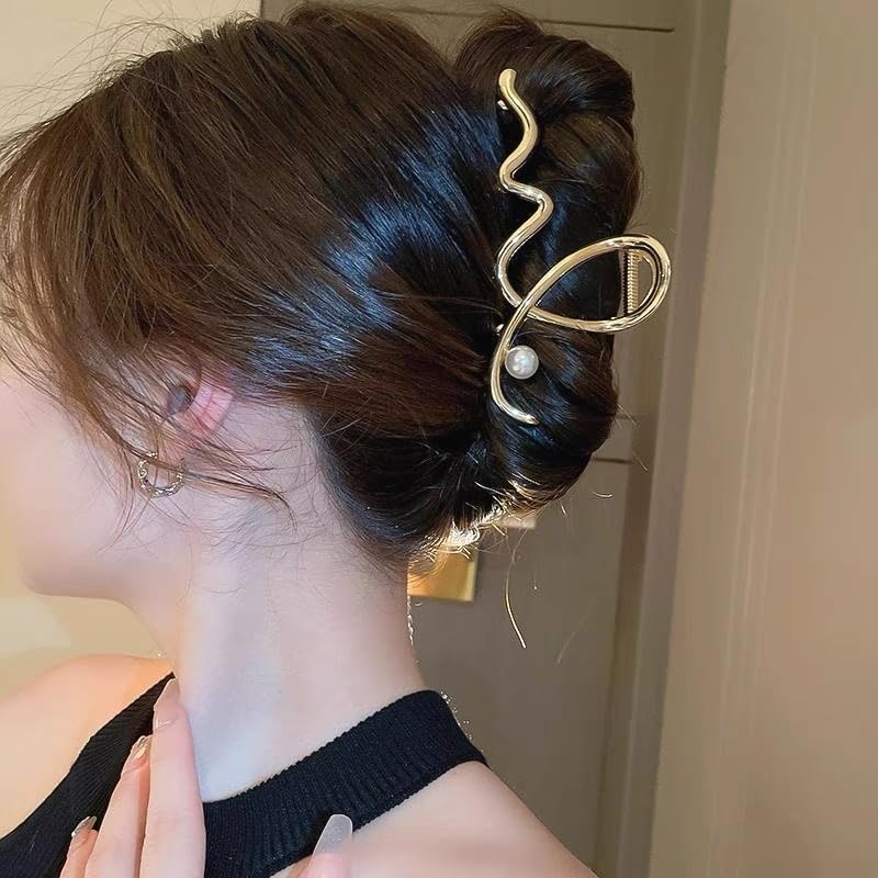 Women's Hair Accessories - Large Metal Claw Hair Clips with Gold Wave Pearl Design, Strong Hold, Non-Slip Barrette for Hair Styling