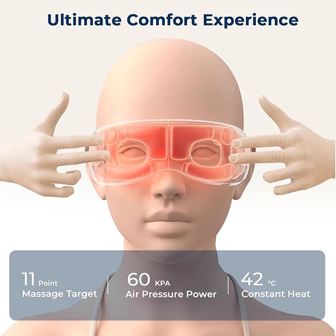 Eye Massager with Heat and Music, Heated Eye Mask with Bluetooth 180°Folding 5-Mode Voice Announcement Heating Massage for Sleep Travel Eyes Strain Relief, Pink