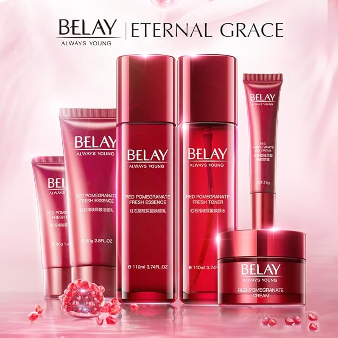 Pomegranate Hyaluronic Acid 6-Piece Set Skin Care Set Skin Care Routine For Women Renewal & Hydration With Facial Cleanser, Serum, Eye Cream Valentine's Day Gift