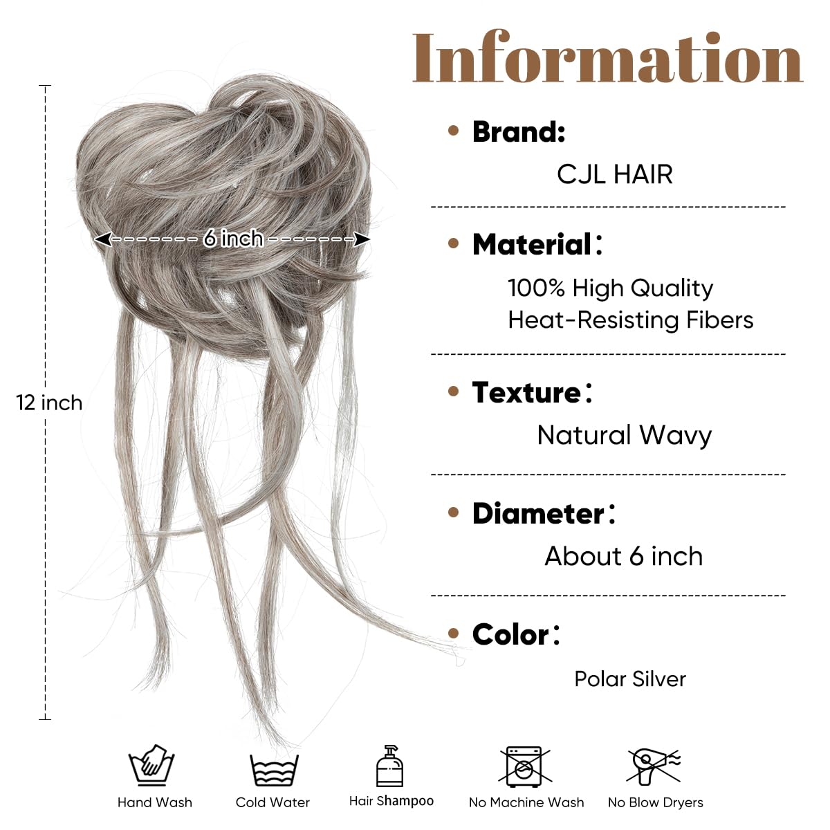 CJL HAIR Messy Bun Hair Piece Curly Hair Bun Extensions with Straight Tails Synthetic Hair Scrunchies Ponytail Hairpieces for Women Polar Silver