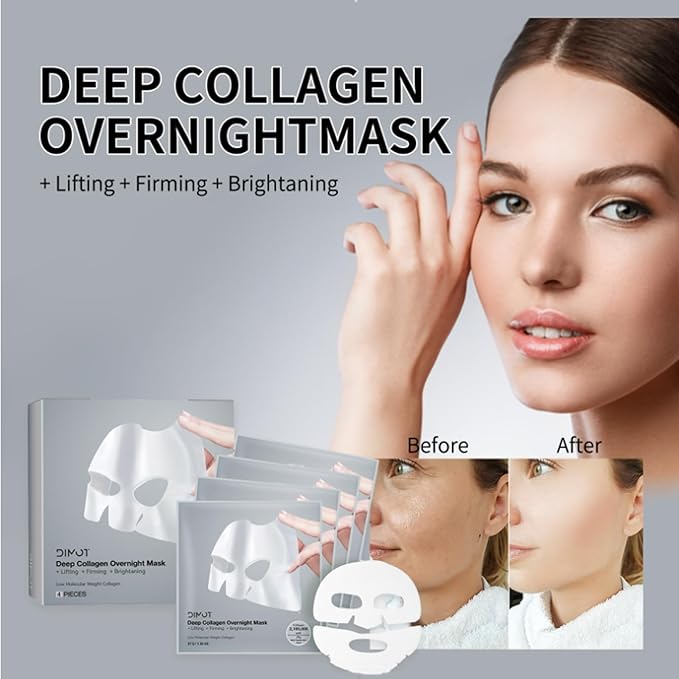 4 PACK Deep Collagen Overnight Mask, Bio-collagen Face Hydrogel Mask Korean Skincare Facial sheet masks for lifting, firming, and Elasticity Improvement (Collagen Mask)