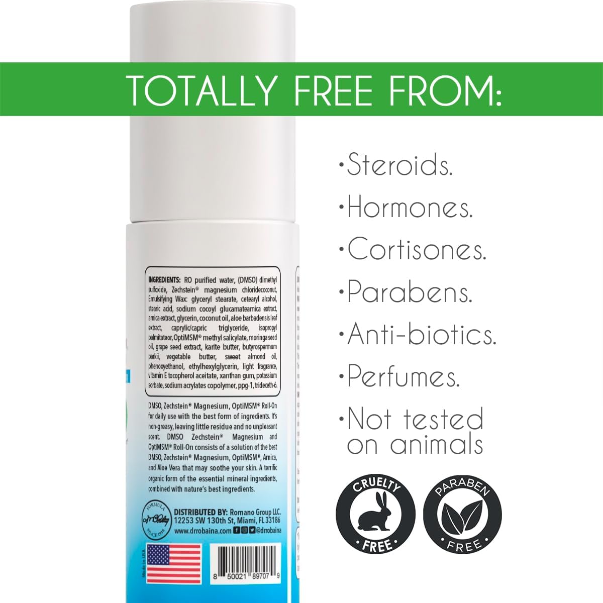 Dr. Robaina DMSO Roll-On – 99.9% Pure Dimethyl Sulfoxide | Formula with Zechstein Magnesium, Arnica, Aloe Vera & Vitamin E Non-Greasy Topical Formula | Made in USA | 3 oz