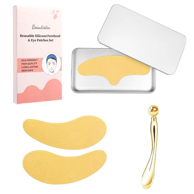 Silicone Forehead Wrinkle Patch - Non-Glue Reusable Forehead Wrinkle Patch and Eye Patches Set, Silicone Patches for Wrinkles, For Use with Face Cream or Lotion, Metal Eye Massage Stick&Tin Case, Gold