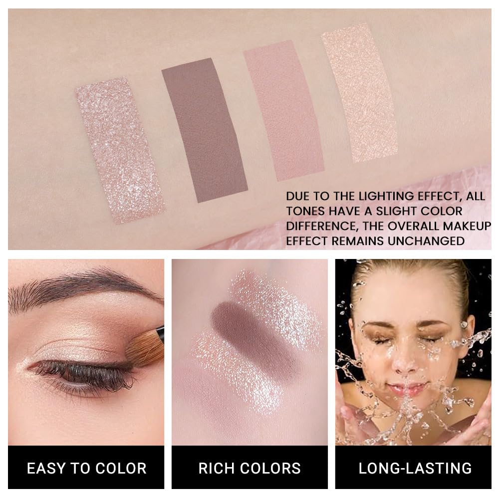 Quads Matte Eye Shadow Powder Makeup Palette - Nudes Brown & Champagne Pink Shimmer Eyeshadow Green Eyes, Long-Lasting Eyeshadow Waterproof Anti-smudge, sombras de ojos, with Built-In Mirror 02