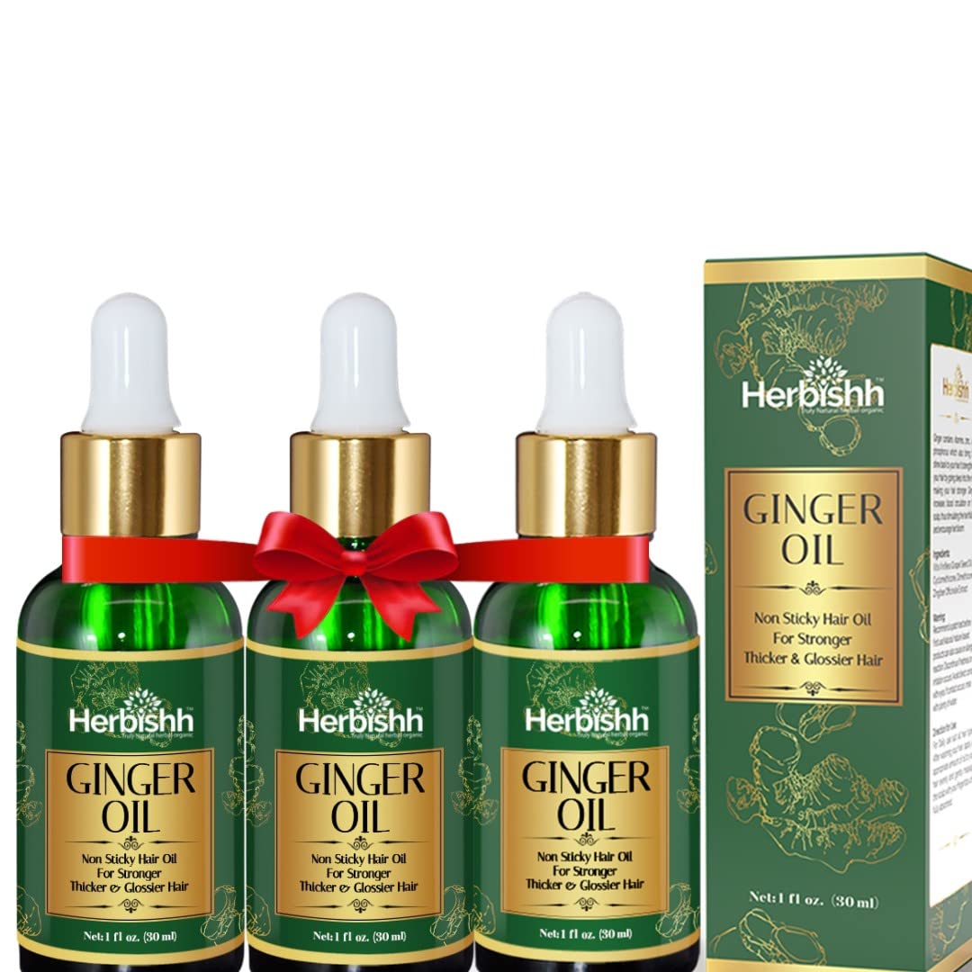 Herbishh Ginger Essential Oil for Hair Growth 30ml - Pack of 3, Non-Sticky Serum for Thicker, Strong and Glossier Hair With Dropper