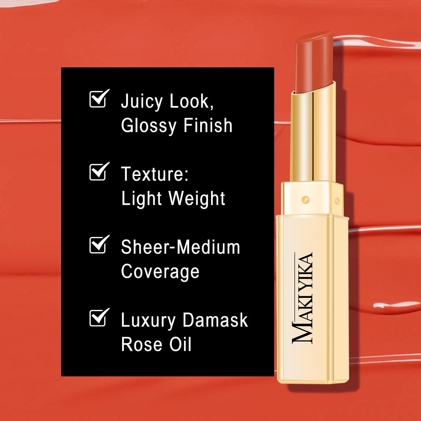 MAKI YIKA Moisture Red Lipstick for Women Hydrated Tinted Lip Balm for Dry Cracked Lips Weightless Glossy Lip Color Juicy Finish,MA037 Apricot Peach