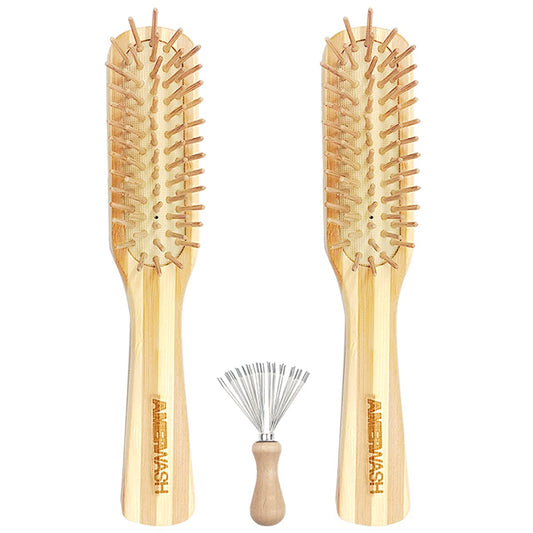 Bamboo Hair Brush with Cleaner Tool For Women Men, Bamboo Bristle Wooden Paddle Detangling Brush Helps Hair Growth, Enhance Shine & Health, Massaging Scalp - 2 Pack