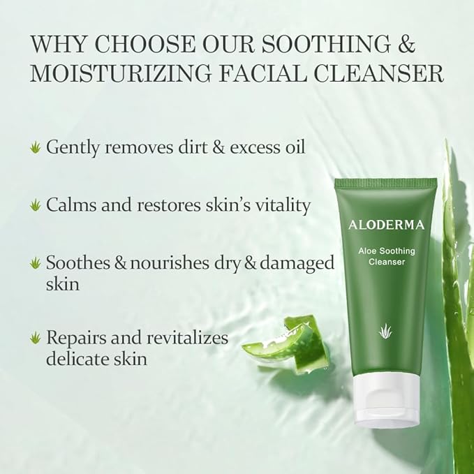 Aloderma Basic Aloe Soothing & Repairing Skin Care Set - 4 Pieces - 200g Aloe Vera Gel x 2pcs, Soothing Cleanser, Soothing Cream