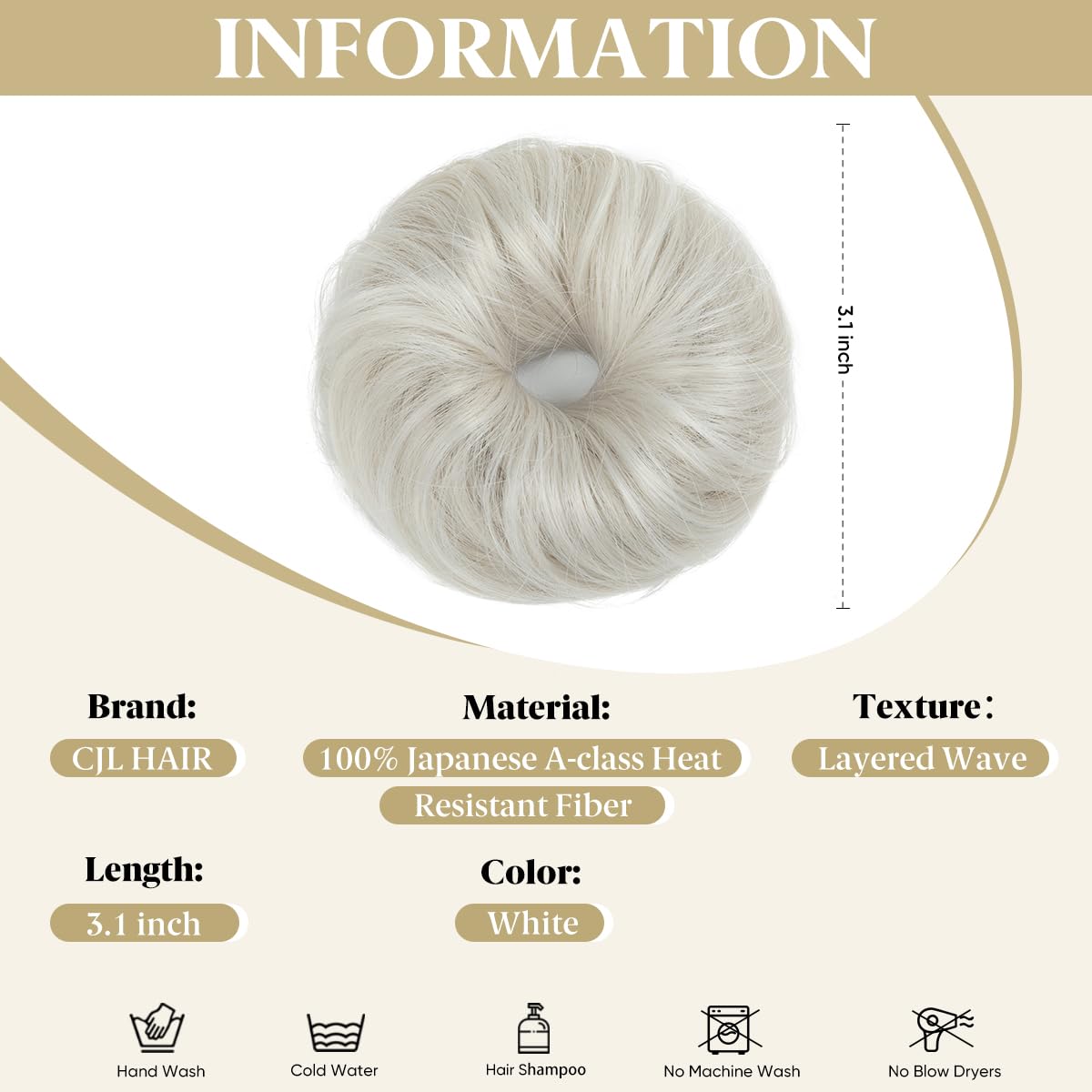 CJL HAIR 2PCs Small Cute Messy Bun Hair Piece for Thin Hair Women Mini Synthetic Curly Bun Scrunchies Updo Hairpieces White