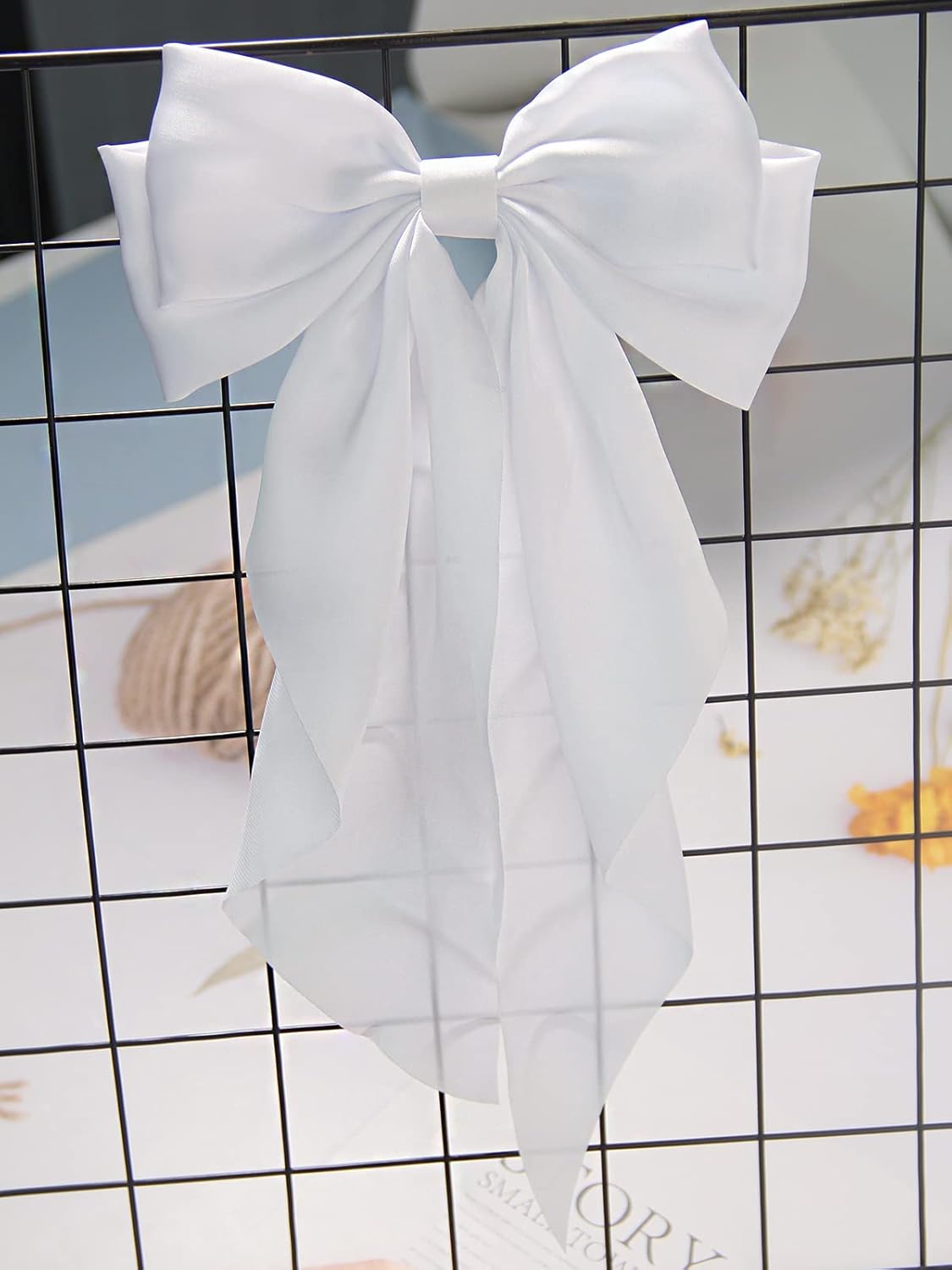 Furling Pompoms Hot Pink Bows Hair Clips for Women Large Bow Clip for Girls Satin Long Tails with Alligator Clips White Big Hair Bow Hair Accessories Pack of 2