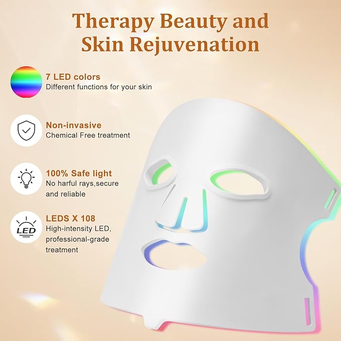 Hotodeal LED Face Mask Light Therapy,7 Colors Light Therapy for Skin Rejuvenation Anti-aging Beauty Red Light Therapy,Silicone Material LED Mask Foldable for Easy Carrying,Silicone Version