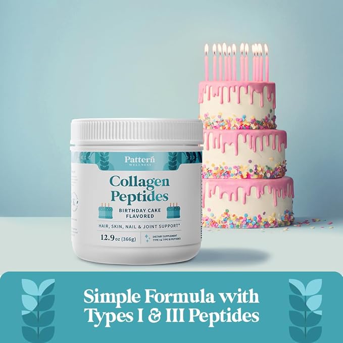 Pattern Wellness Collagen Peptides Powder (Type I & III) - Hair, Nails, Skin and Joint Health - Grass Fed & Pasture Raised - Hydrolyzed Collagen, Non-GMO, Dairy Free, & Keto - Birthday Cake (13 Oz)