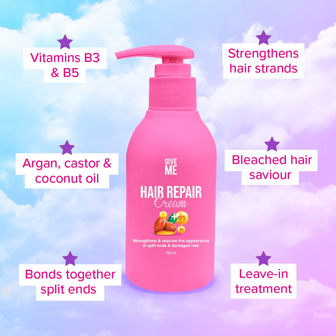 Give Me Cosmetics Hair Repair Cream, Leave-In Conditioner Treatment, Reduces Split Ends, Rich in Castor Oil, Argan Oil, Vitamins B3 and B5 & Strengthening Protein, Reverses Damage