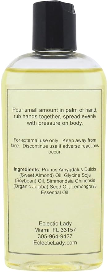 All Natural Lemongrass Massage Oil - Eclectic Lady 4 oz. 100% Natural Ingredients with Sweet Almond & Jojoba Oil, Relaxing Scent for Men & Women