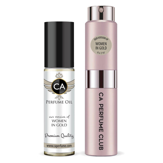 CA Perfume Duo Impression of Women In Gold For Women Perfume Layering Set Long Lasting Travel Size EDP + Body Oil Roll-On Bottle 0.27 Fl Oz+0.33 Fl Oz
