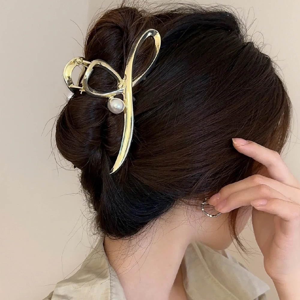 1Pcs Large Metal Hair Claw Clip for Women - Gold Bowknot Design with Pearls, Strong Hold for Long Thick Hair, No Slips Jaw Clamp for Hair Styling