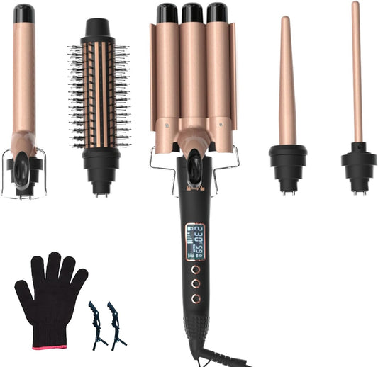 5 in 1 Curling Iron Set with 3 Barrel Hair Crimper, Curling Comb, and 3 Interchangeable Ceramic Curling Wand, Fast Heating Hair Curler, Adjustable Temp Settings