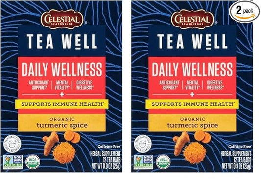 Celestial Seasonings TeaWell Herbal Tea, Daily Wellness, Organic Turmeric Spice, 12 Count (Packaging May Vary) (Pack of 2)