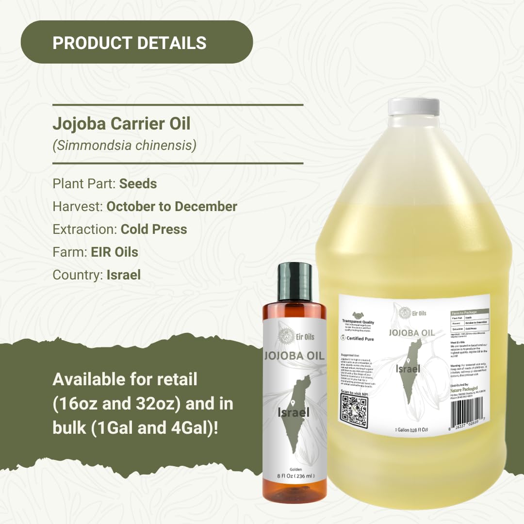 Jojoba Oil - Direct from EIR Oils' Farm in Israel - 100% Pure Carrier Oil for Hair, Face, and Skin - Hand-Picked, Cold-Pressed Carrier Oil (1 Gallon)