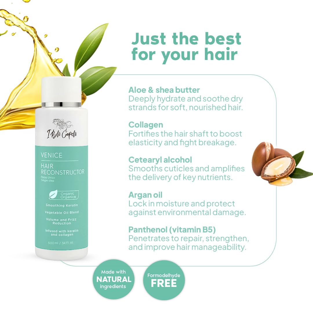 I Belli Capelli Venice Hair Reconstructor, Organic Keratin Hair Treatment Straightening in 1 Step- Formaldehyde Free, Keratina Organica, Keratina Para Alisar El Pelo Sin Formol (16.9 Fl Oz/ 500 ml)