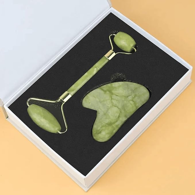 Gua Sha and Jade Roller Set for Facial Massage – Skin Care Tools to Reduce Puffiness and Redness, Perfect Self-Care Gift for Men and Women (Green)