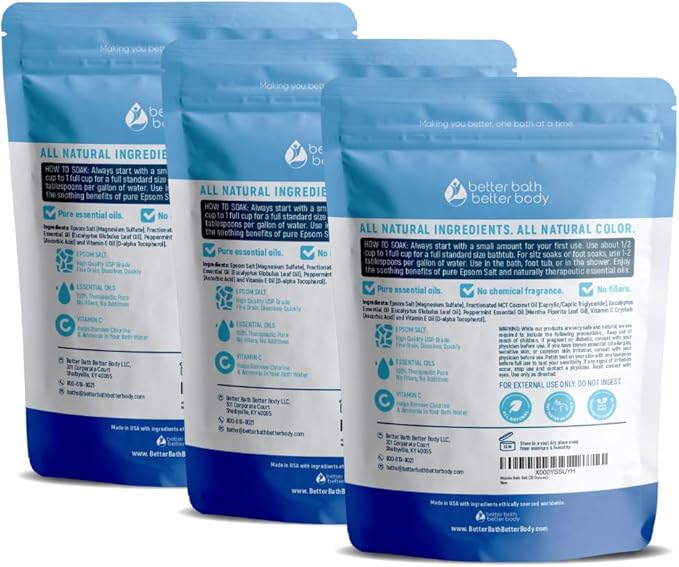 Muscle Bath Salt (3-Pack with Scoop) Muscle Bath Soaks with Pure Essential Oils in BPA Free Pouch with Press-Lock Seal Made in USA, Three 2-lbs Pouches 6-Lbs Total