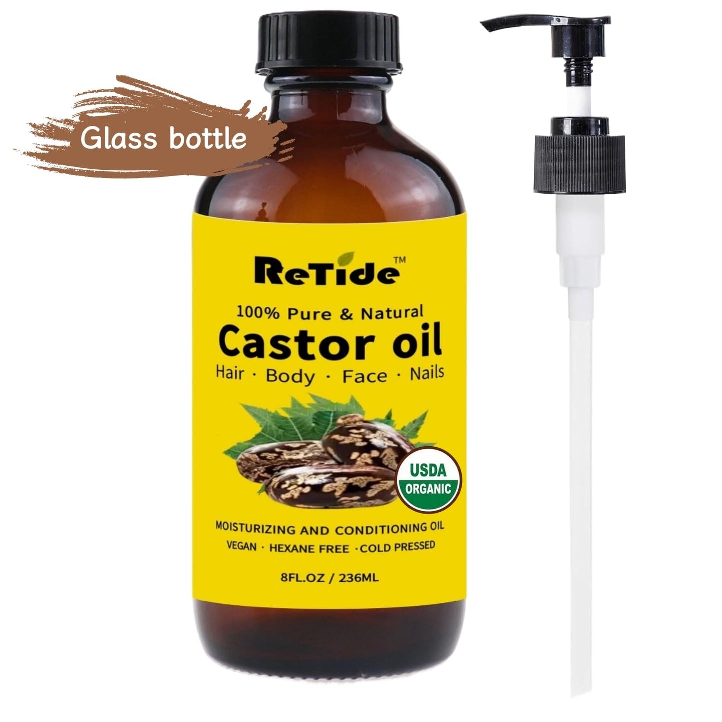 Pure Organic Cold Pressed Castor Oil, Natural Hair, Skin, Nails Treatment, Hexane Free, Amber Glass Bottle, 8 Fl Oz