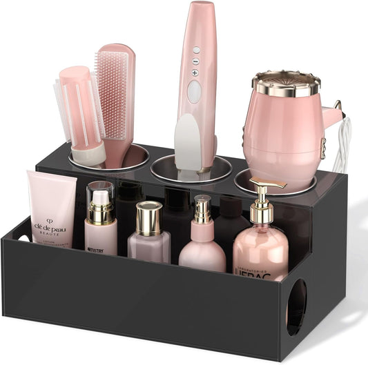 NIUBEE Hair Tool Organizer, Black Acrylic Hair Dryer and Styling Holder, Bathroom Countertop Blow Dryer Holder, Vanity Caddy Storage Stand for Accessories, Makeup, Toiletries