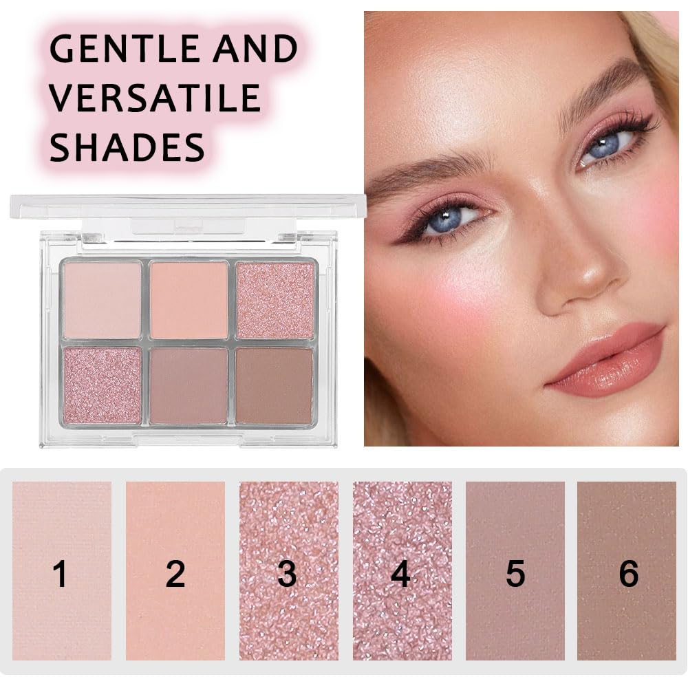 6 Colors Glitter Matte Eyeshadow Palette,Natural Nude Brown Rose Gold Coffee Sparkly Eye Shadow Makeup,Warm Pastel Eyeshadows Palette Long Lasting Waterproof Naturing-Looking Women Girls Eye Shadow 01