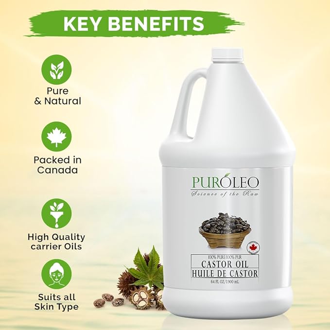 PUROLEO Castor Oil 64 Fl Oz/1900 ML (Packed In Canada) 100% Pure and Natural Hair, Lash, Beard, Eyelashes & Eyebrow Oil Black castor oil for brow lashes, Make eyelash serum, hair serum for dry hair