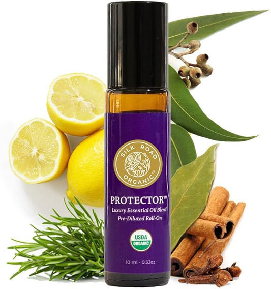 Organic Protector Essential Oil Immunity Blend Roll On, Based on Thieves Oil Legend, 100% Pure USDA Certified Health Shield Aromatherapy - 10 ml Roller by Silk Road Organic