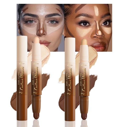 2Pcs Dual-Ended 2-in-1 Cream Contour & Highlighter Stick Makeup For Face & Body – Waterproof, Long-Lasting, Suitable for All Skin Tones, (02+04)