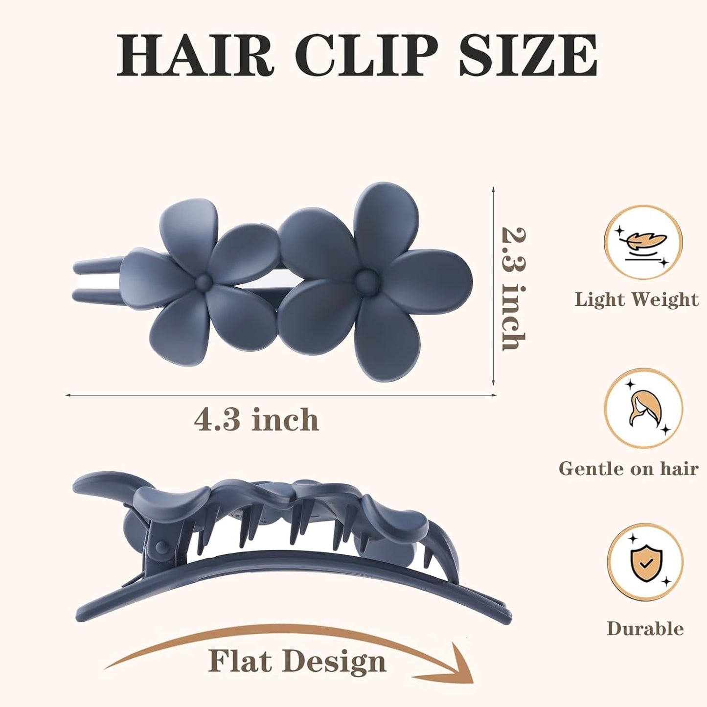 5 Pcs Flat Hair Clips, 2 Styles Large Lay Flat Claw Clips for Women Girls,Strong Hold Non-slip Matte Hair Claws for Thick Thin Hair(Navy&Grey)