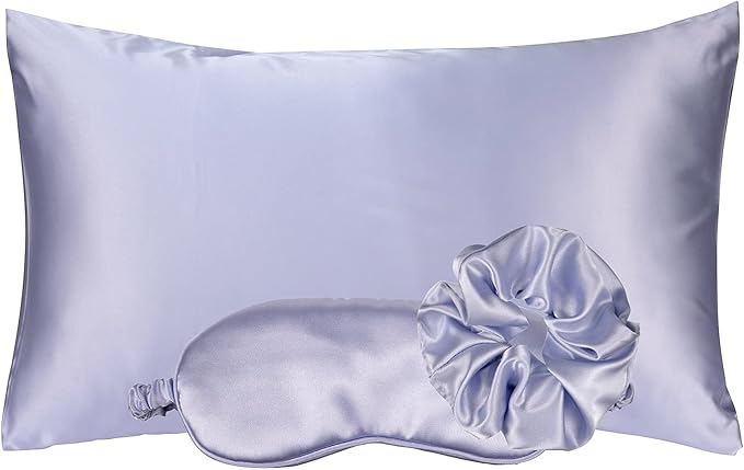 Vegan Silk Sleep Set, Silky Pillowcase with Large Scrunchie and Eye Mask for Hair and Skin, Self Care Essential Satin Night Routine Kit (Purple Color)