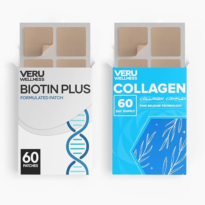 Veru Wellness Hair Skin Nail Duo Lifestyle Patches - Biotin Collagen - Self Adhesive Time Release Topical Patch, 8-10 Hours (60 Day Supply)